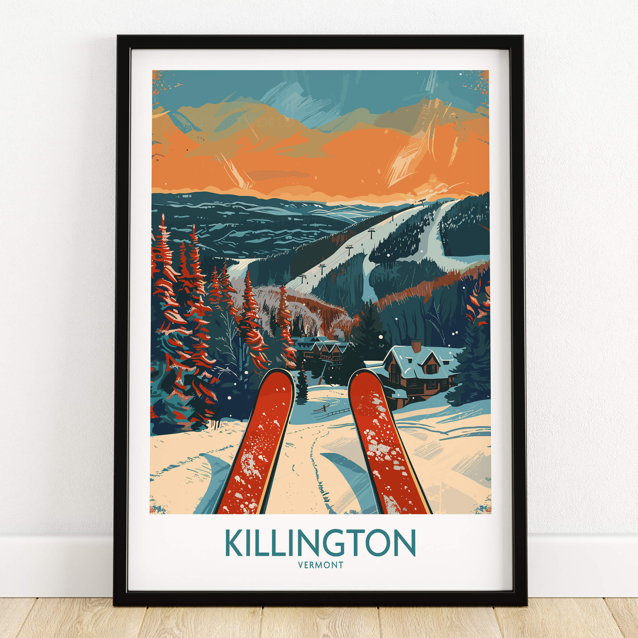 Killington Ski Print - Vermont showcasing vibrant ski slopes and scenic mountain views.