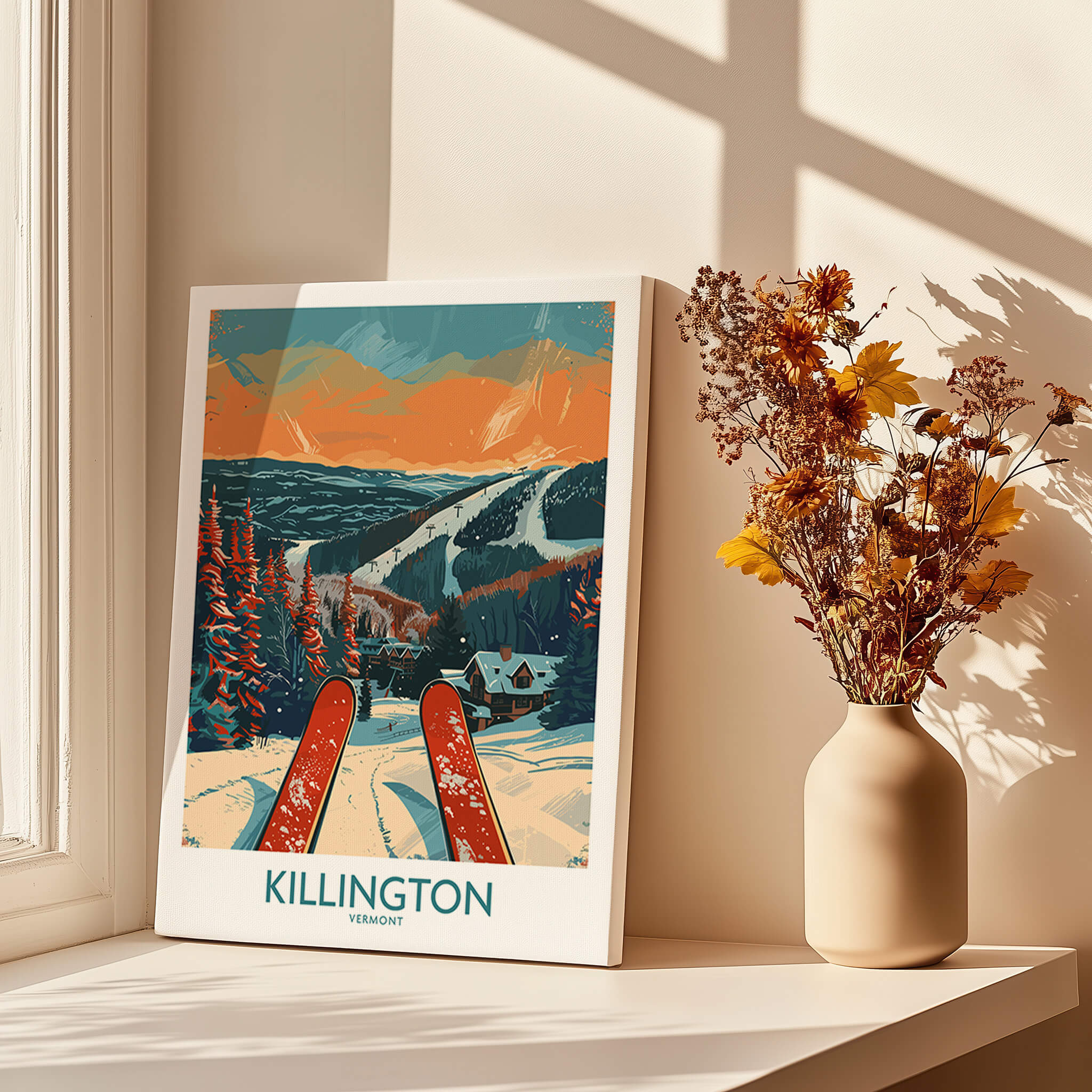 Killington Ski Print - Vermont showcasing a scenic ski view with red skis in a cozy setting.