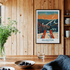 Killington Ski Print - Vermont framed artwork showcasing winter skiing landscape with skis in foreground.