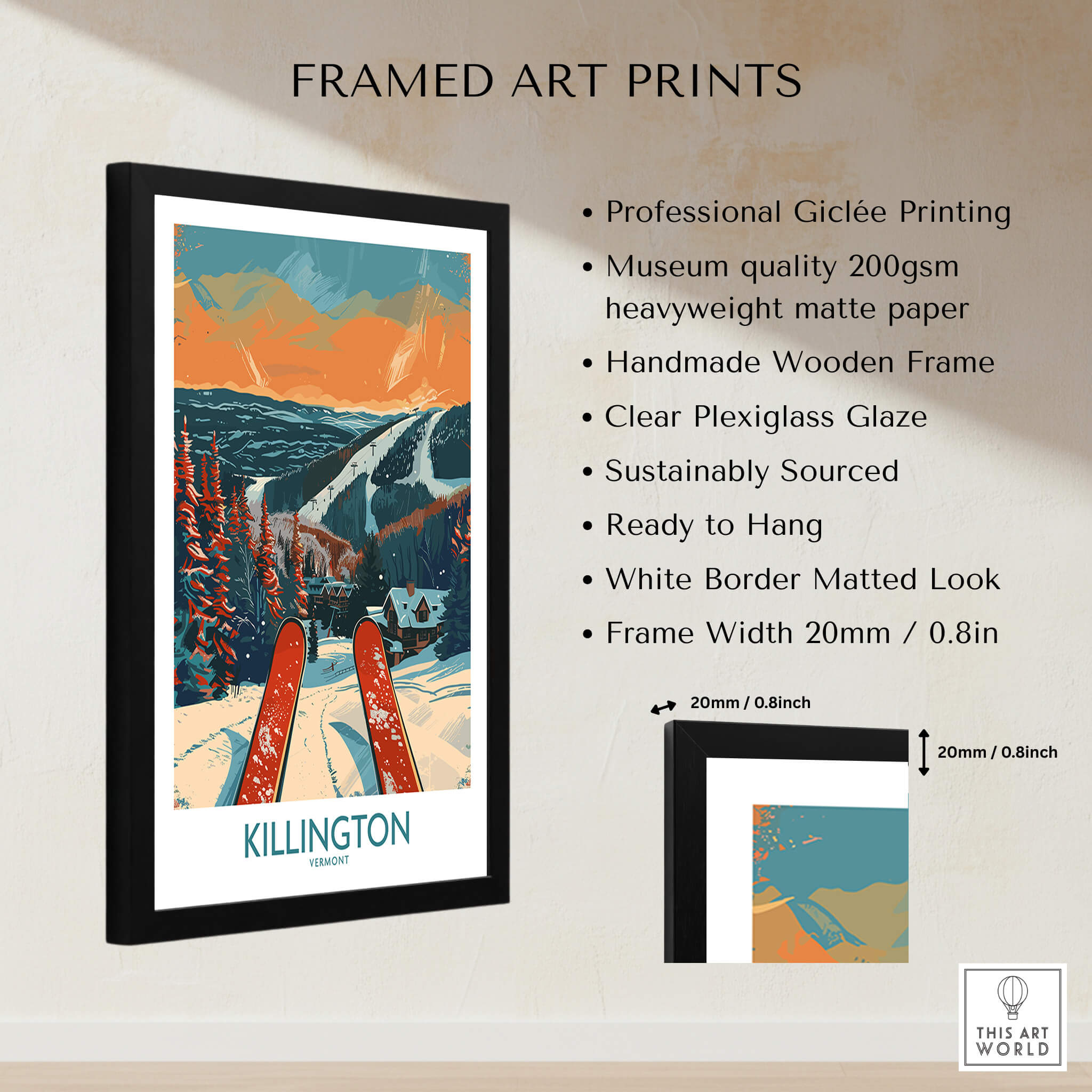 Killington Ski Print - Vermont Framed Art Print showcasing skiing in Vermont with a handmade wooden frame and vibrant colors.