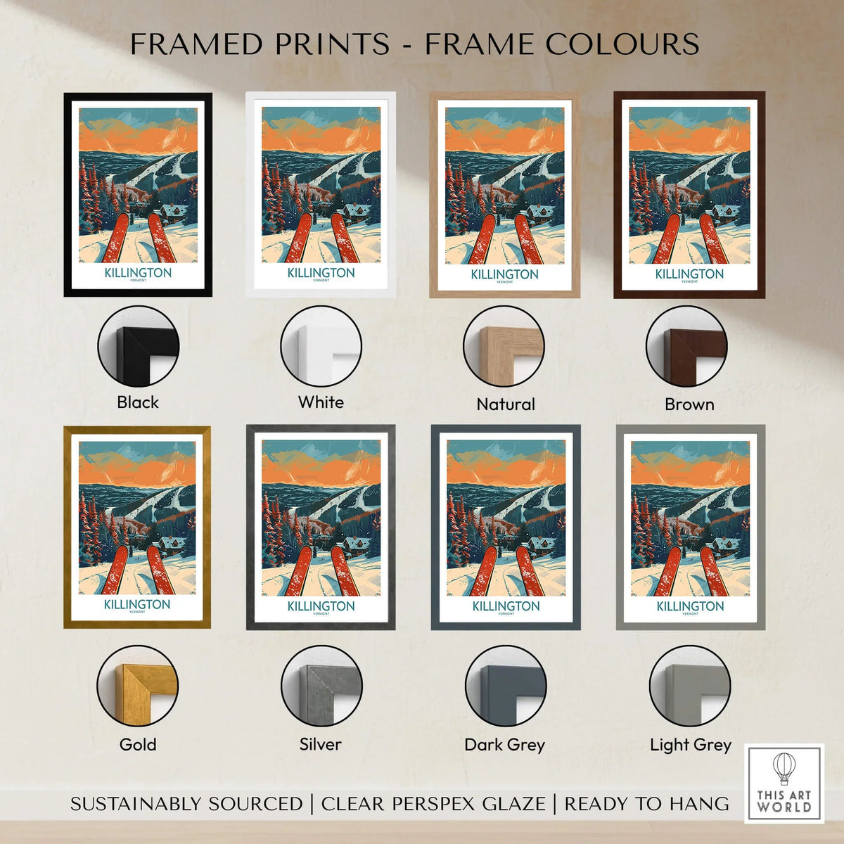 Framed prints in various colors showcasing Killington Ski Print - Vermont for a stylish home decor option.