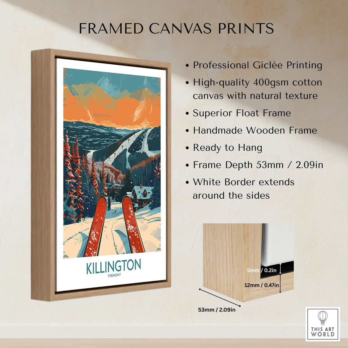 Killington Ski Print -  Vermont framed canvas with professional giclée printing and wooden frame, showcasing a ski scene.