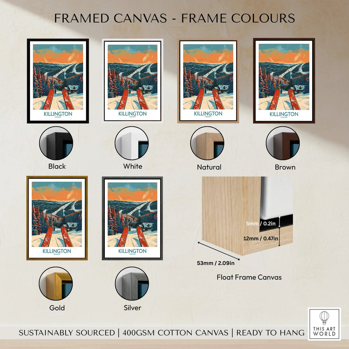 Killington Ski Print - Vermont framed canvas options including black, white, natural, brown, gold, and silver.