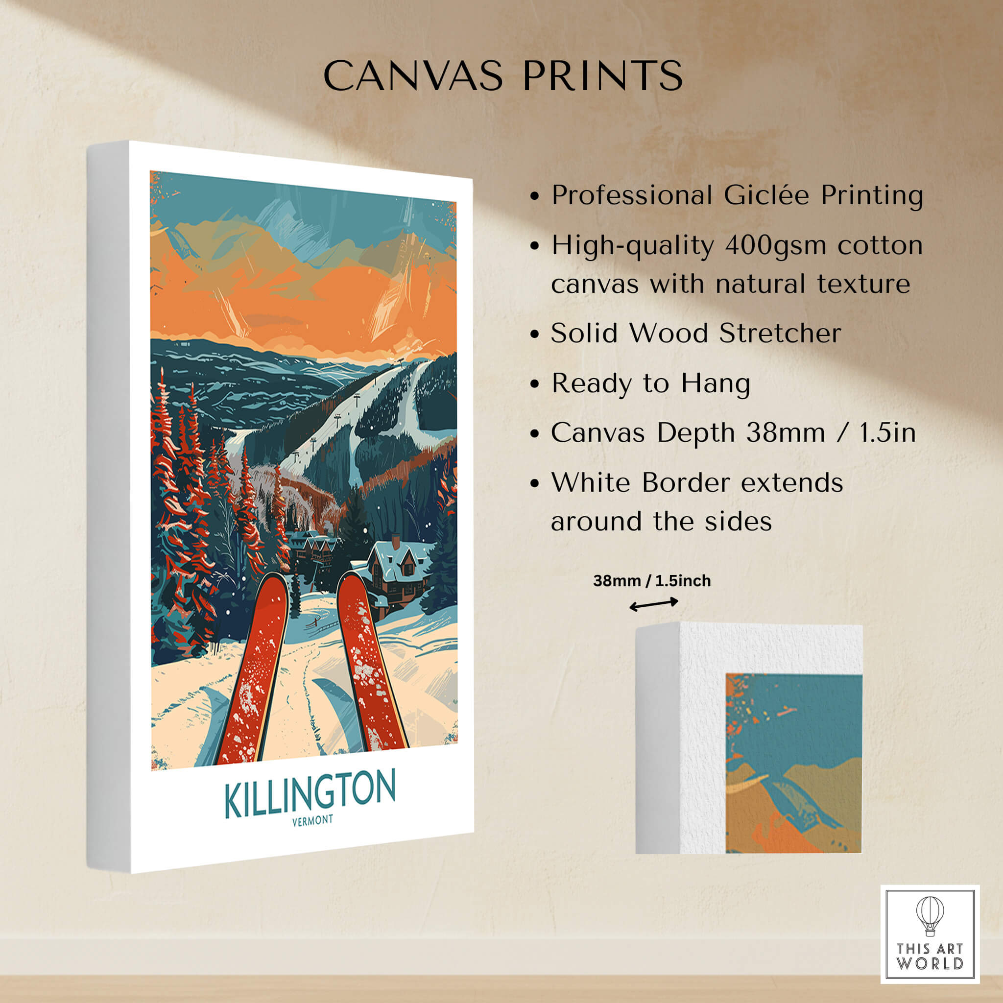 Killington Ski Print -  Vermont canvas print showcasing professional Giclée printing and mountain scenery.
