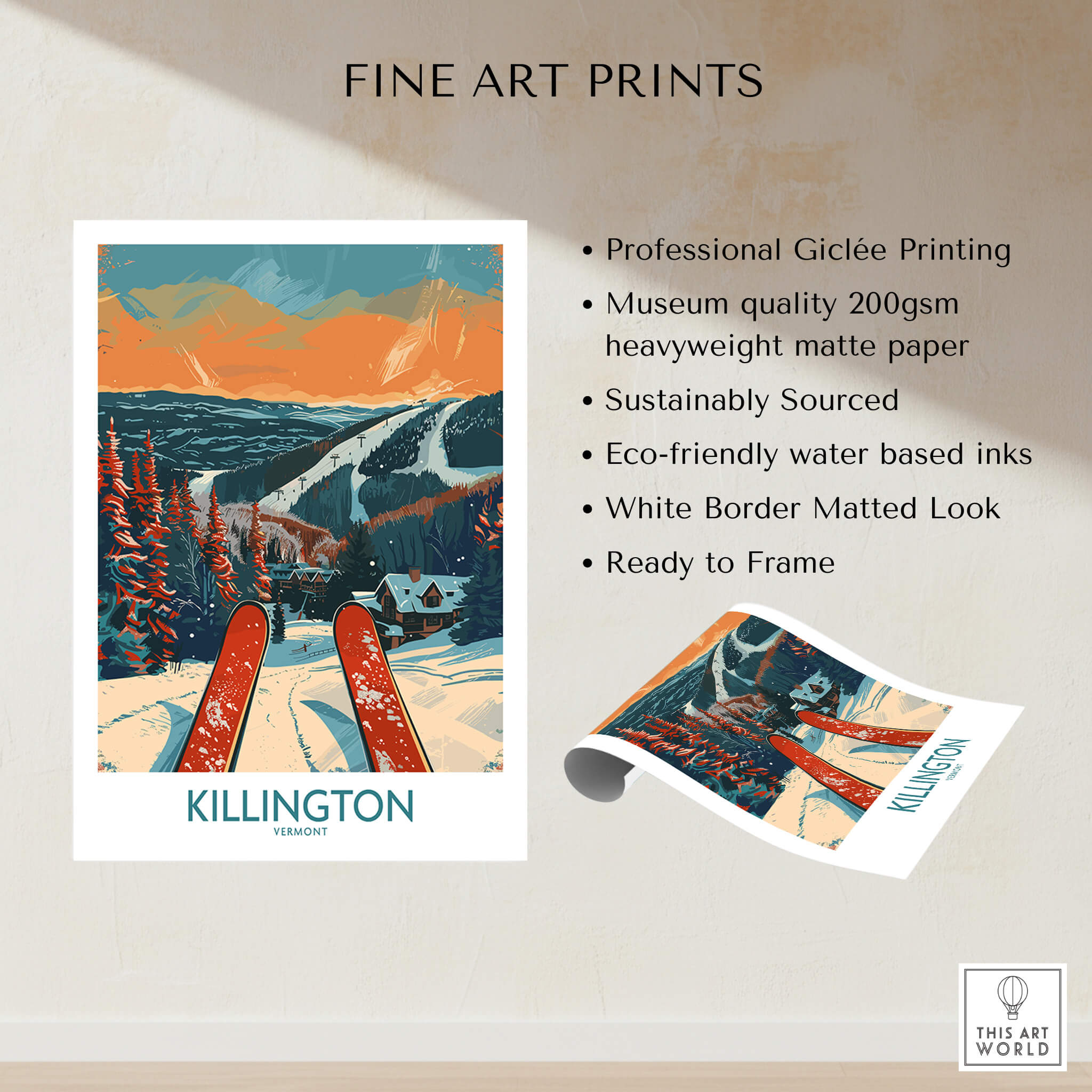 Killington Ski Print - Vermont showcasing professional Giclée printing and vibrant ski scene art.