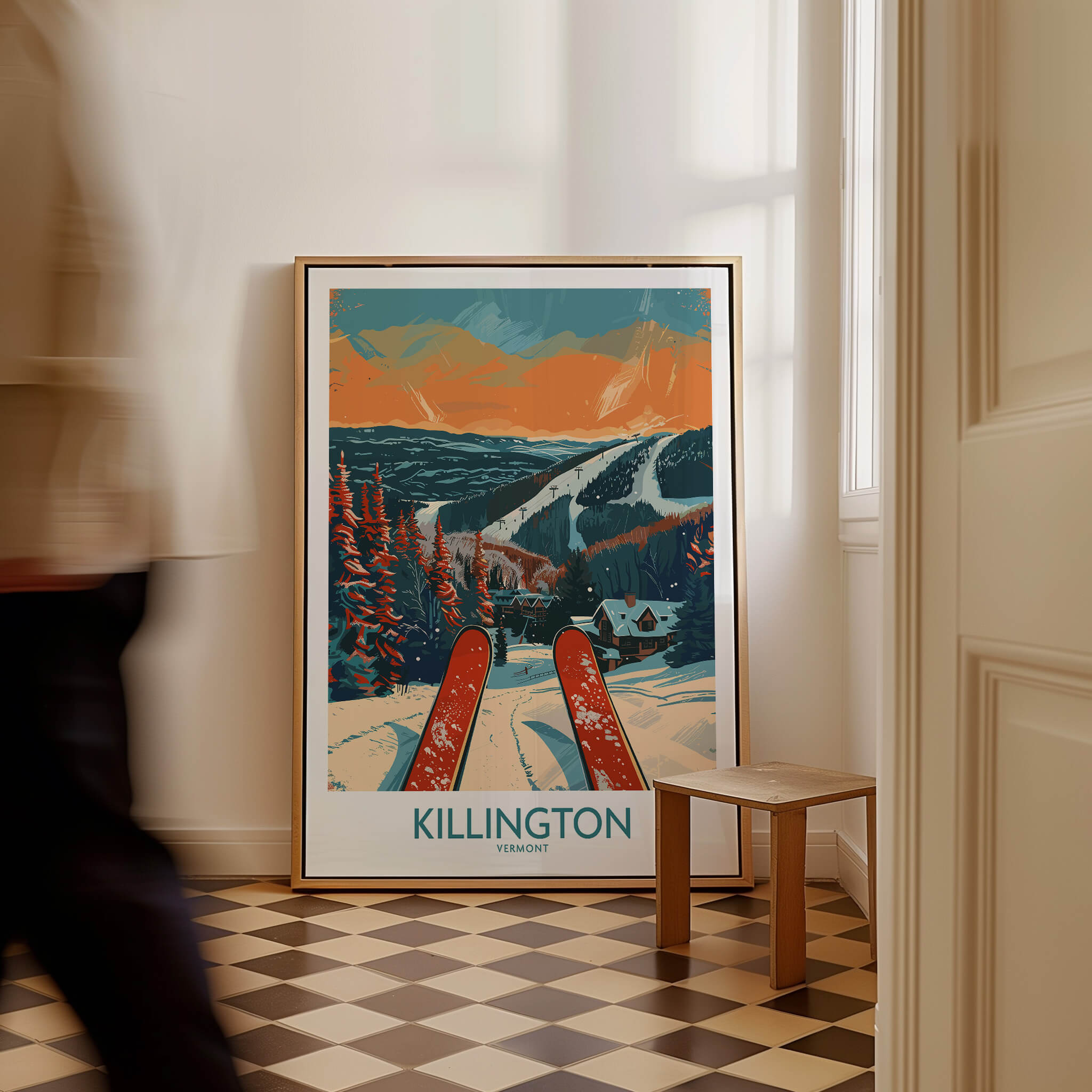 Killington Ski Print - Vermont framed wall art in an indoor setting with a skier in motion.