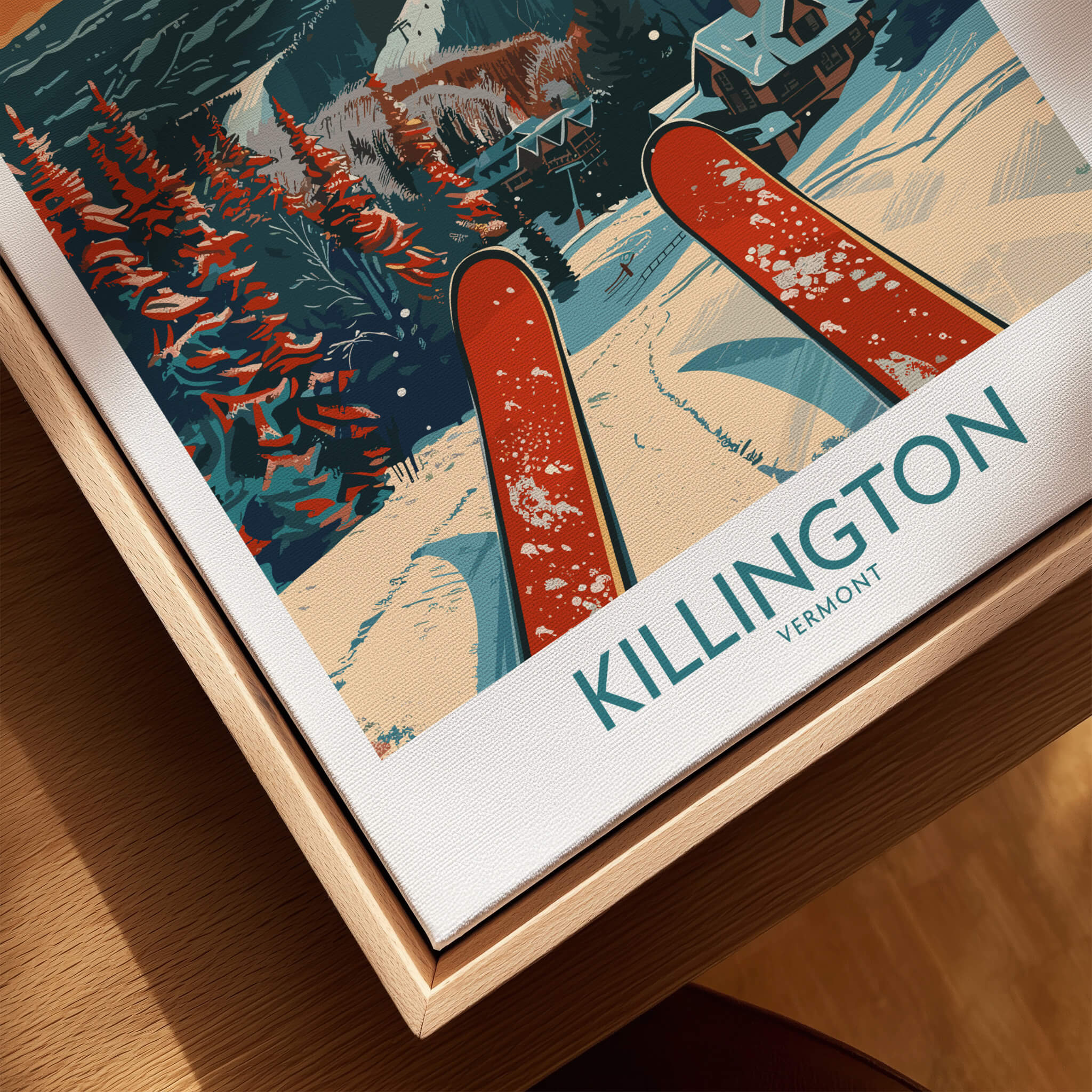Killington Ski Print -  Vermont showing vibrant ski print with snow-covered slopes and red skis ready for adventure.