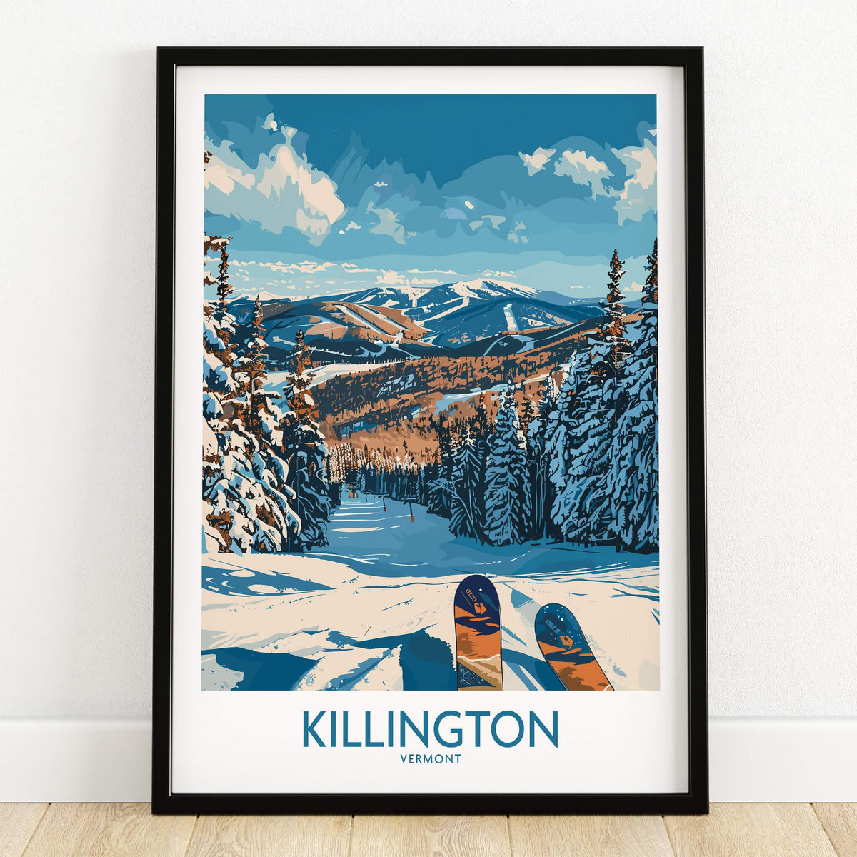 Killington Wall Art- Vermont Ski Print featuring a stunning snowy landscape with skis, showcasing the beauty of Vermont.