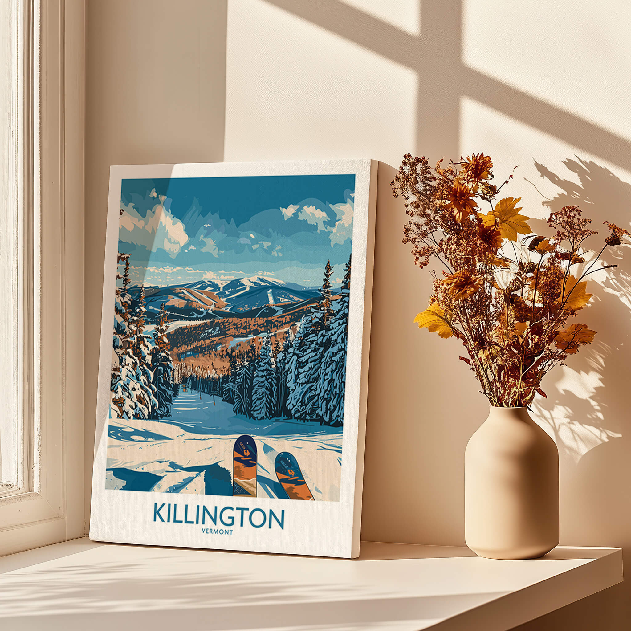 Killington Wall Art- Vermont Ski Print showcasing a picturesque winter landscape with ski equipment and snow-covered mountains.
