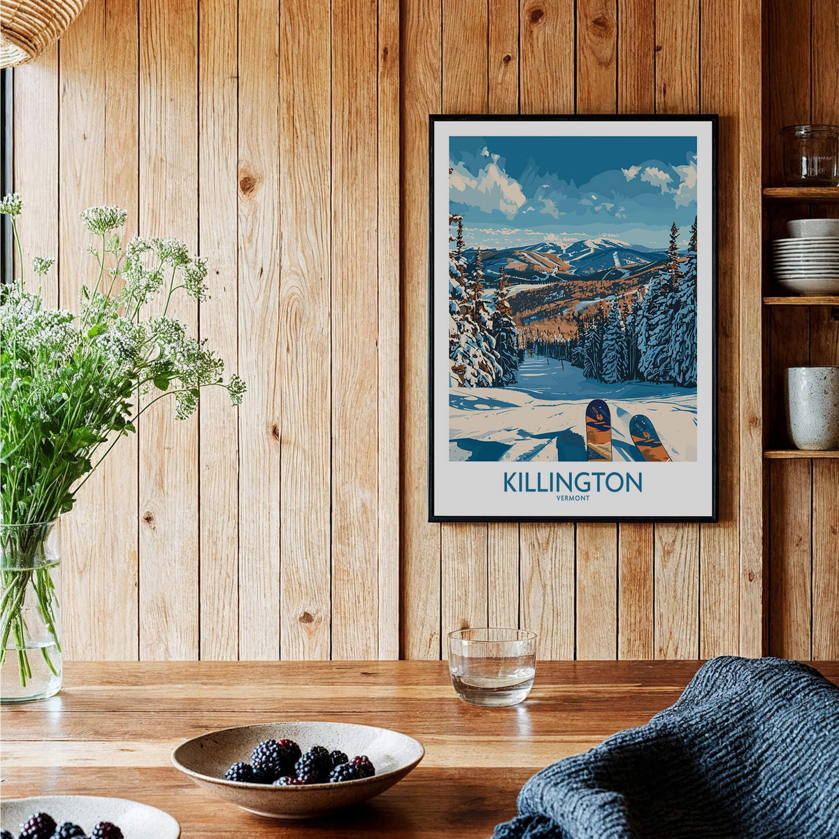 Killington Wall Art- Vermont Ski Print featuring a snowy mountain landscape in a cozy setting.