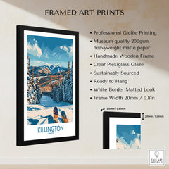 Killington Wall Art-  Vermont Ski Print featuring framed giclée print with snowy mountain landscape and ski details.