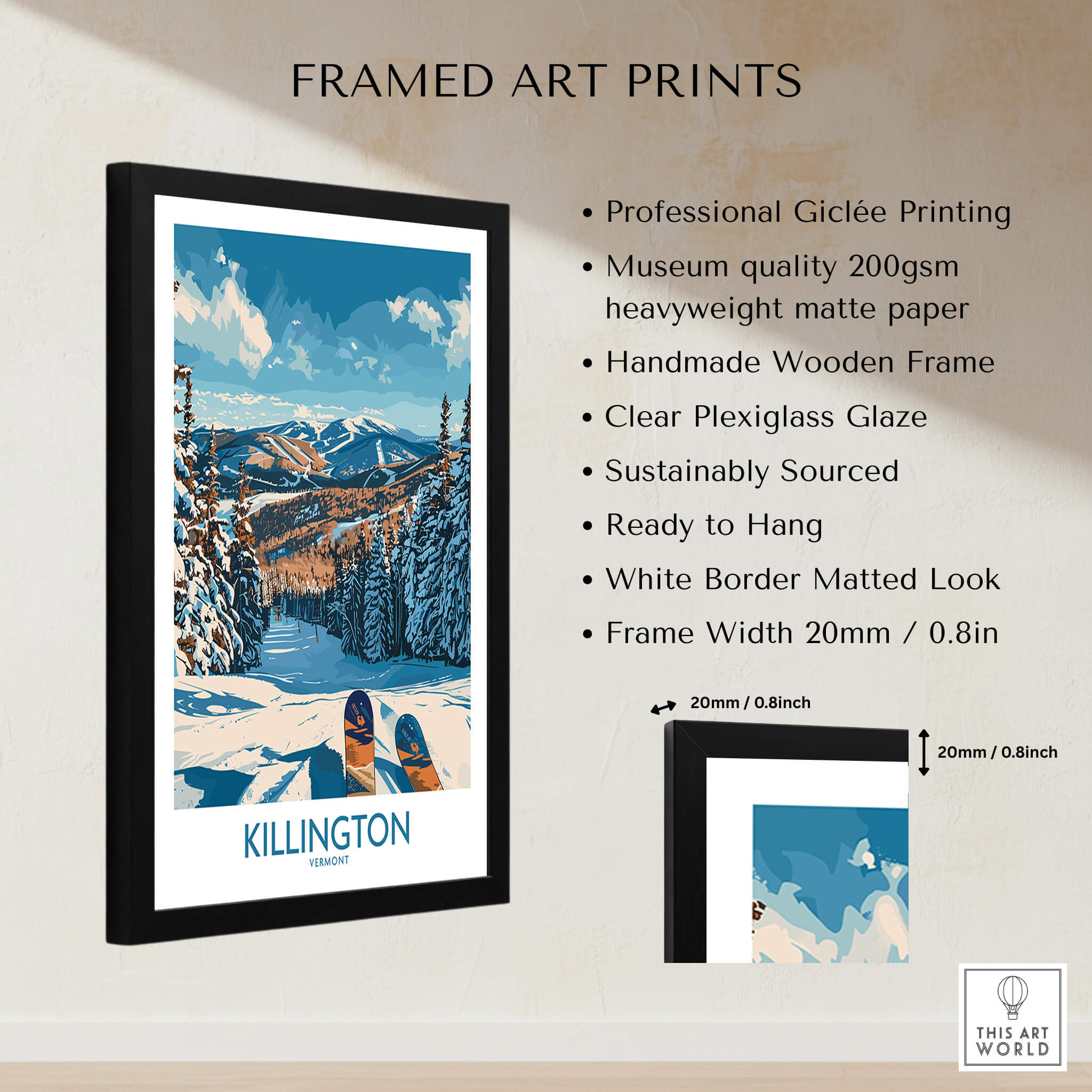 Killington Wall Art-  Vermont Ski Print featuring framed giclée print with snowy mountain landscape and ski details.