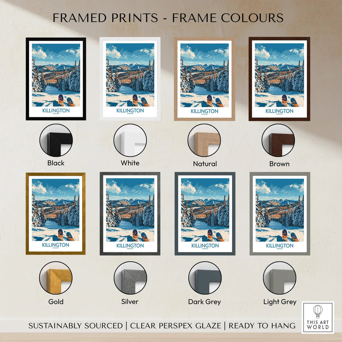 Killington Wall Art- Vermont Ski Print displayed in various frame colors including black, white, natural, brown, gold, silver, dark grey, light grey.