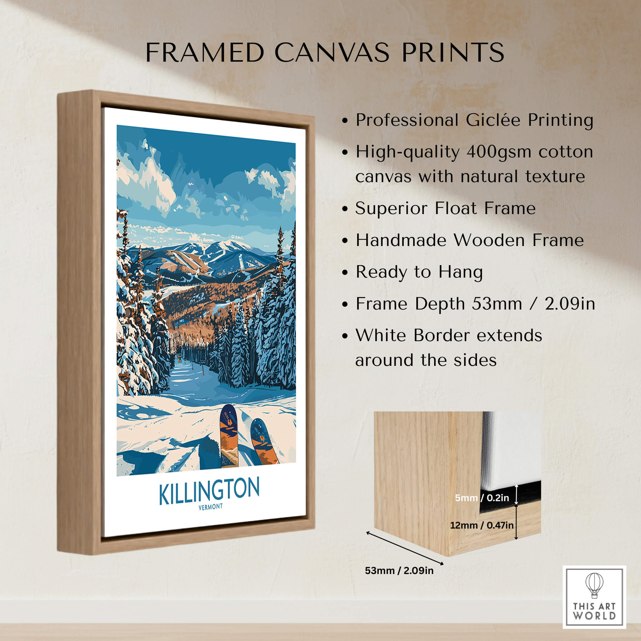 Killington Wall Art- Vermont Ski Print showcasing framed canvas with skiing scene and professional Giclée printing.