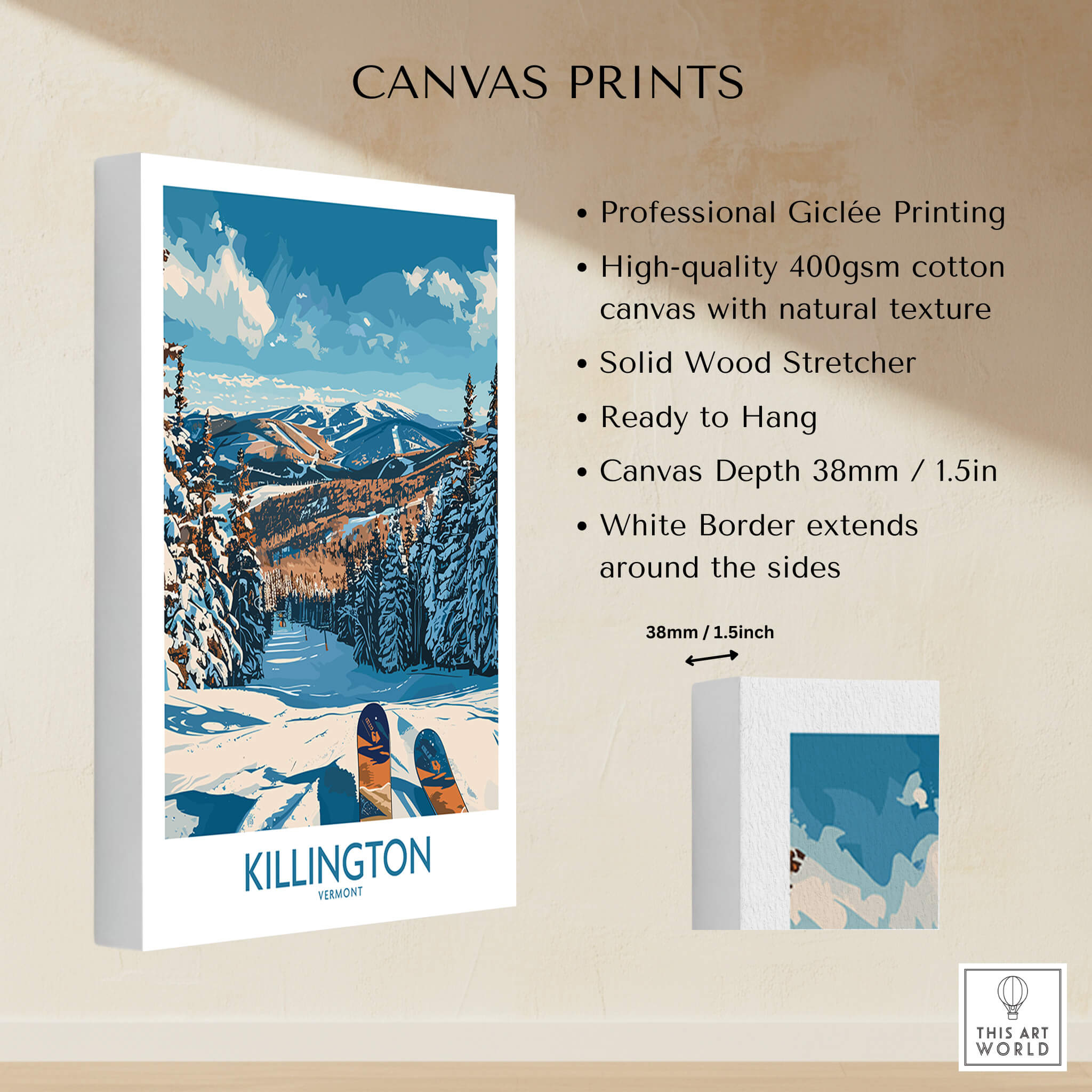 Killington Wall Art- Vermont Ski Print on high-quality cotton canvas, featuring Vermont ski scenery.