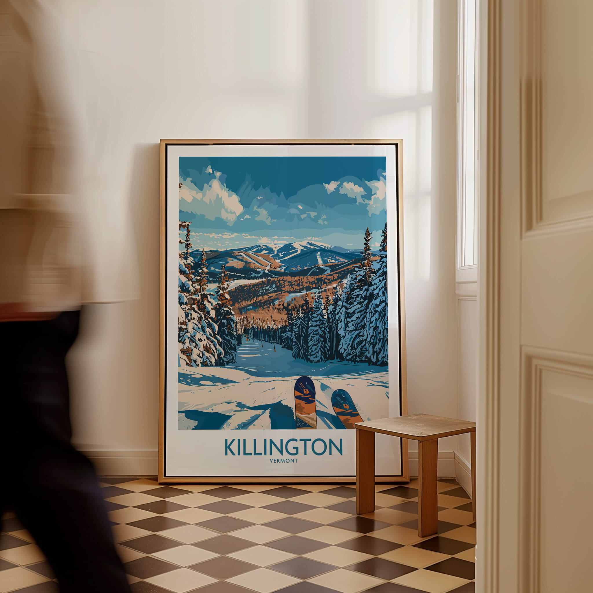 Killington Wall Art- Vermont Ski Print featuring bold colors and ski imagery in a stylish setting.