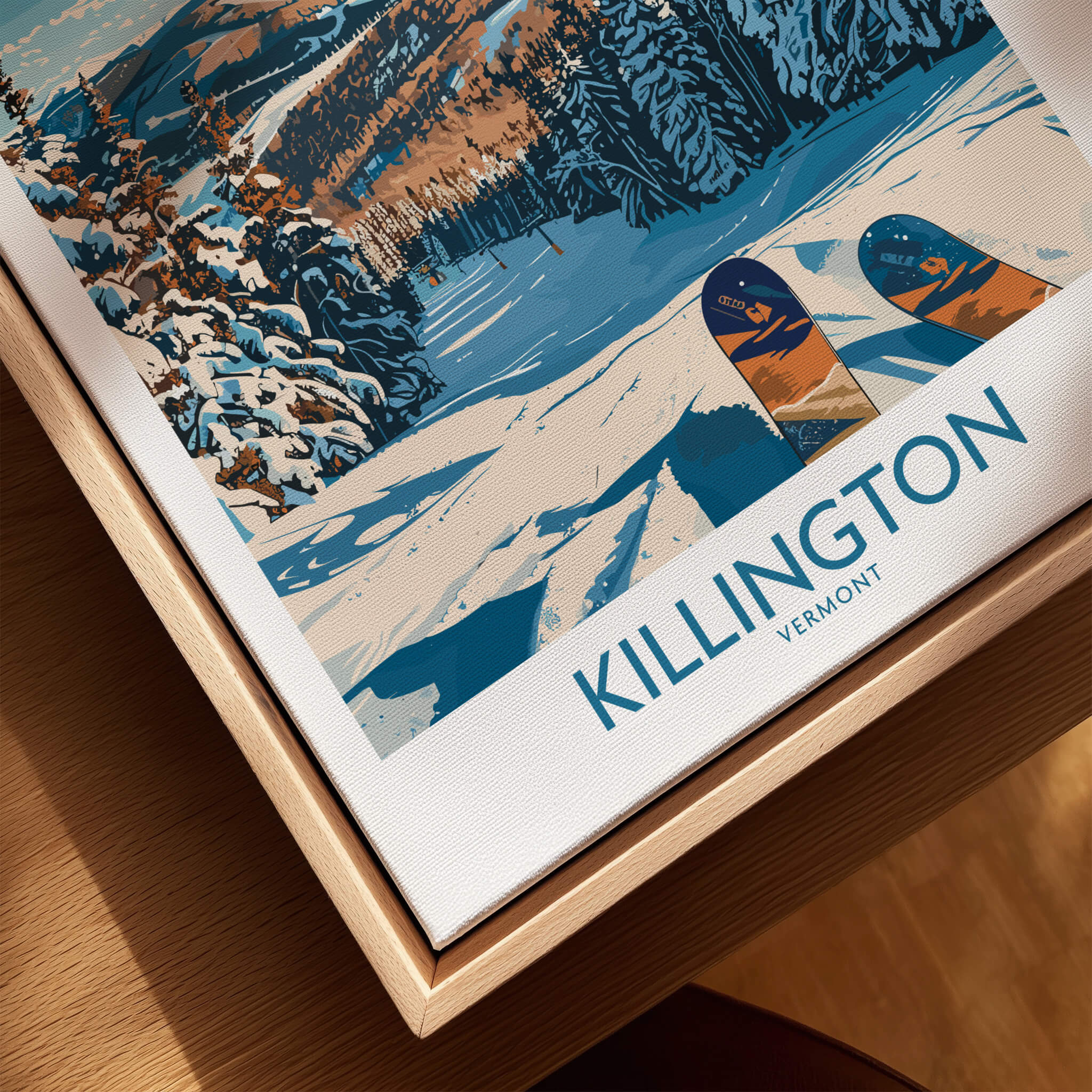 Killington Wall Art- Vermont Ski Print featuring a vibrant winter landscape and snowboard design.