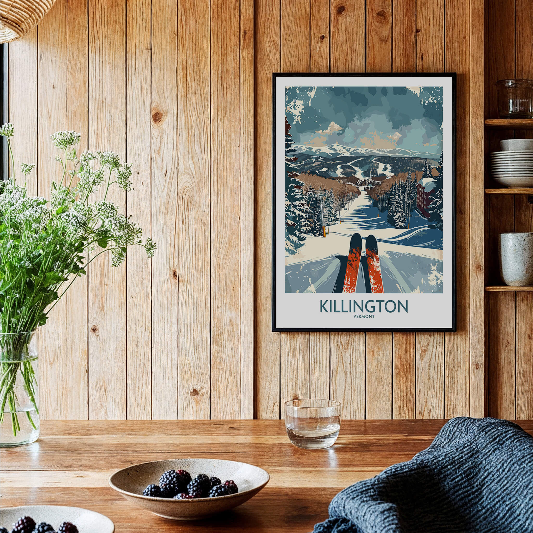 Killington Wall Art Poster displayed on a wooden wall with ski imagery, perfect for winter decor.
