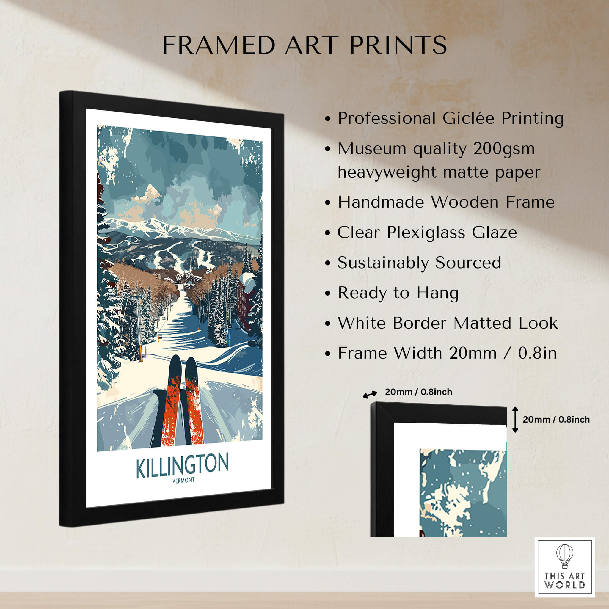 Killington Wall Art Poster showcasing a ski scene with a framed design, perfect for winter decor.