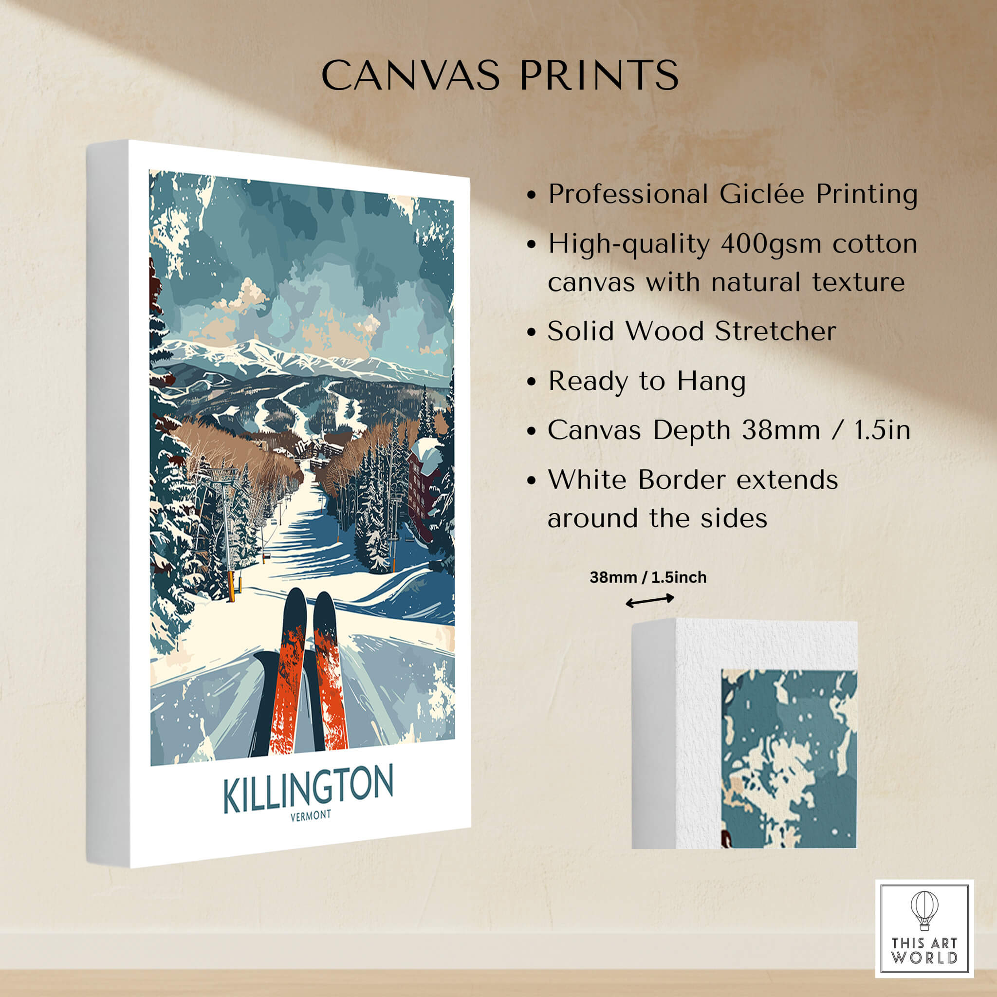 Killington Wall Art Poster showcasing professional Giclée printing and winter ski scenery, perfect for home decor.
