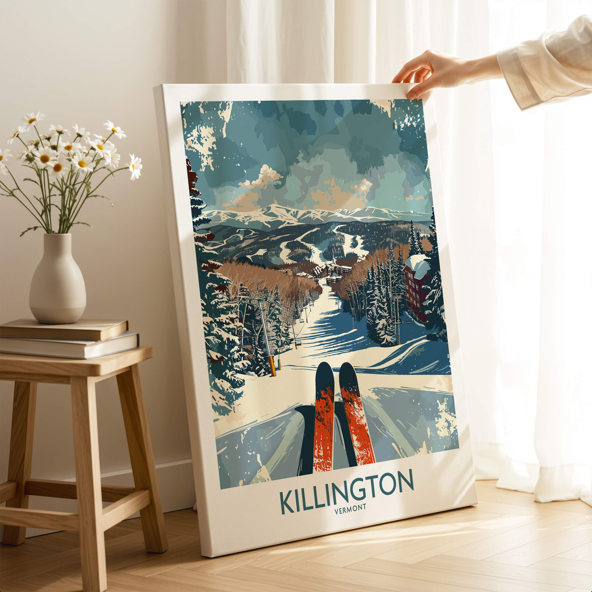 Killington Wall Art Poster featuring a scenic winter landscape with skis and mountains.