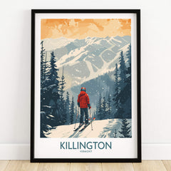 Killington Poster Vermont showcasing a skier on snowy slopes with mountain views, perfect for winter decor.