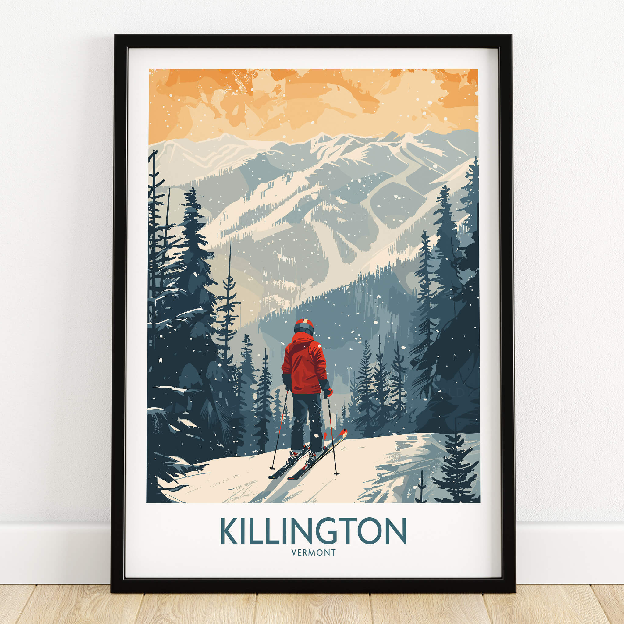 Killington Poster Vermont showcasing a skier on snowy slopes with mountain views, perfect for winter decor.