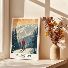 Killington Poster Vermont showcasing a skier amid stunning winter scenery in Vermont.