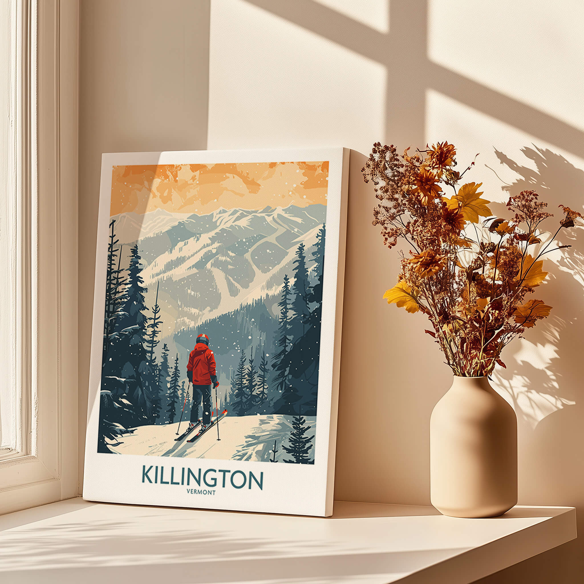 Killington Poster Vermont showcasing a skier amid stunning winter scenery in Vermont.
