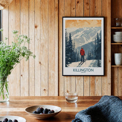 Killington Poster Vermont displayed in a cozy interior highlighting ski slopes and winter scenery.