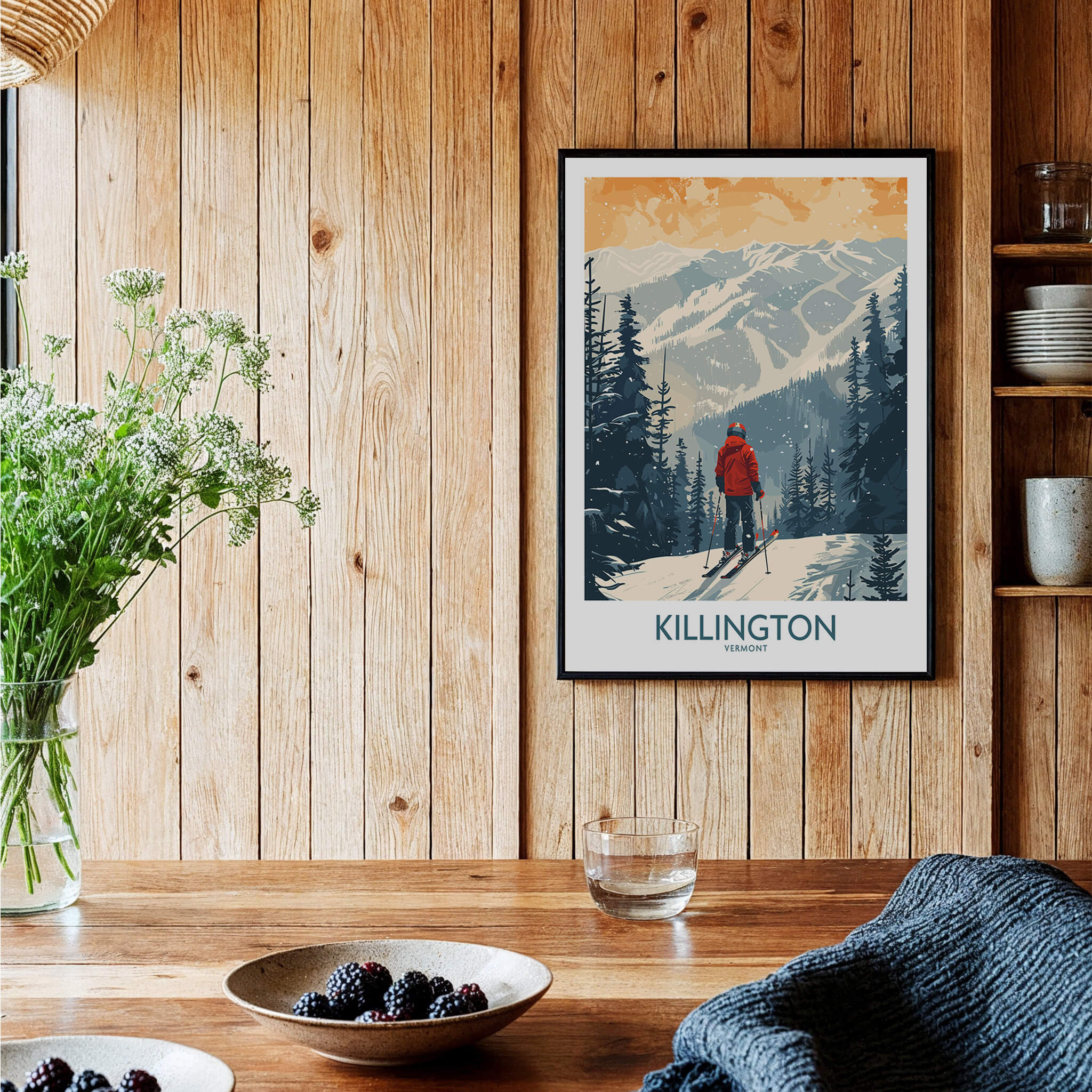 Killington Poster Vermont displayed in a cozy interior highlighting ski slopes and winter scenery.