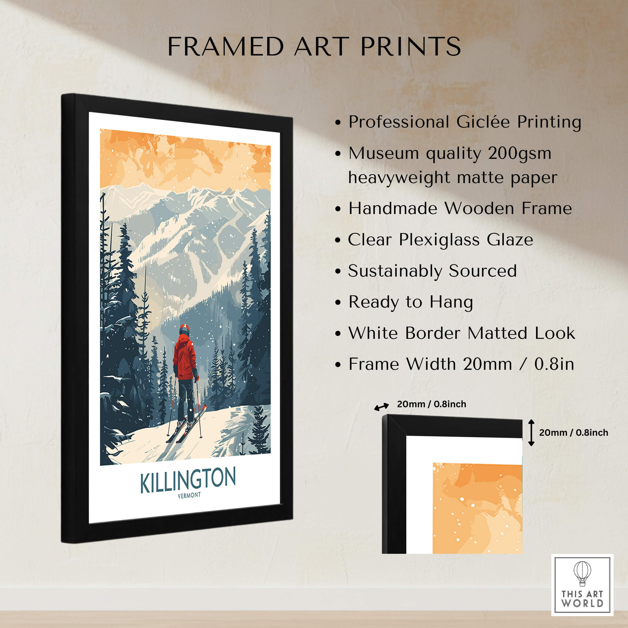Killington Poster Vermont framed art print featuring ski slopes and mountain views.