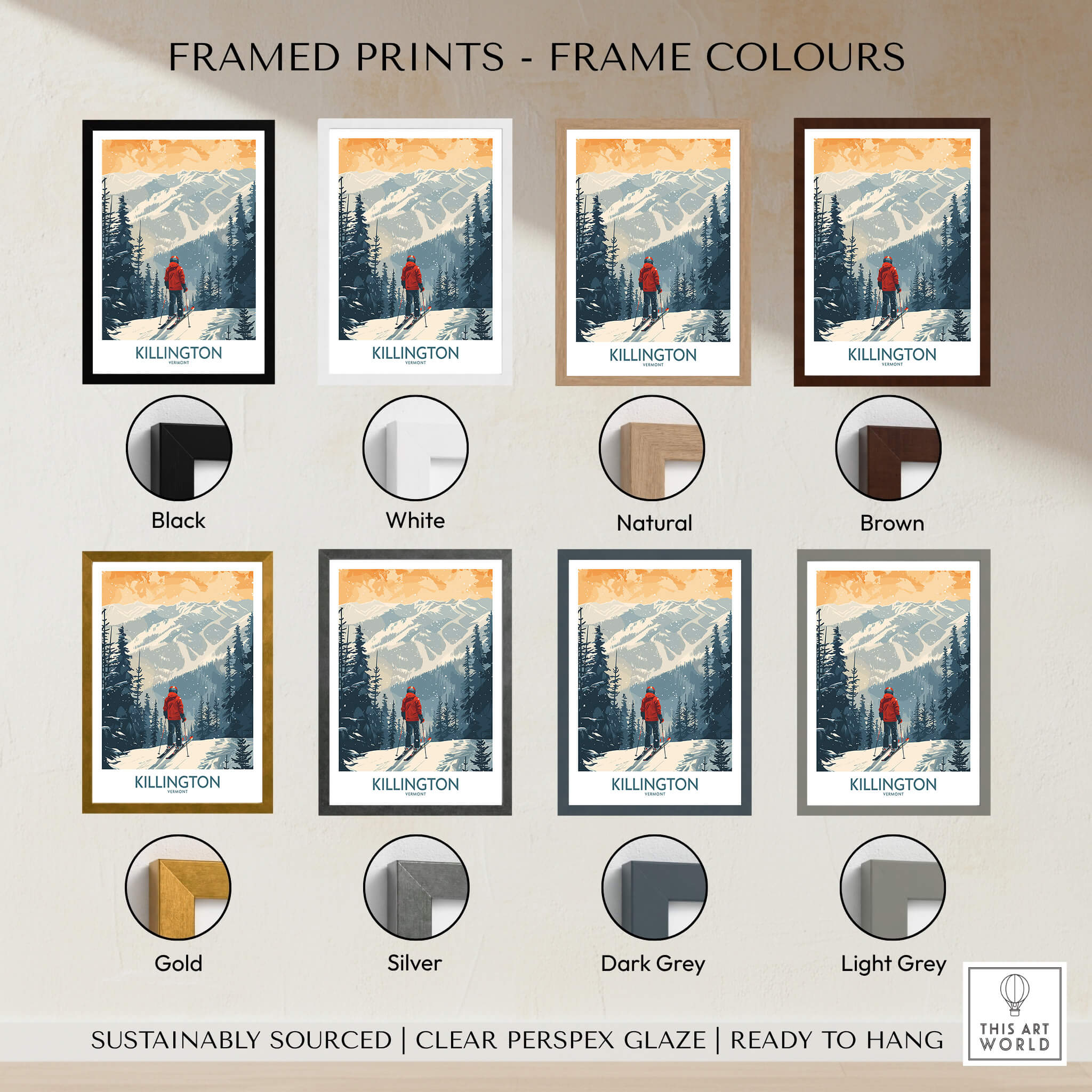 Killington Poster Vermont framed prints in various colors including black, white, natural, brown, gold, silver, dark grey, and light grey.