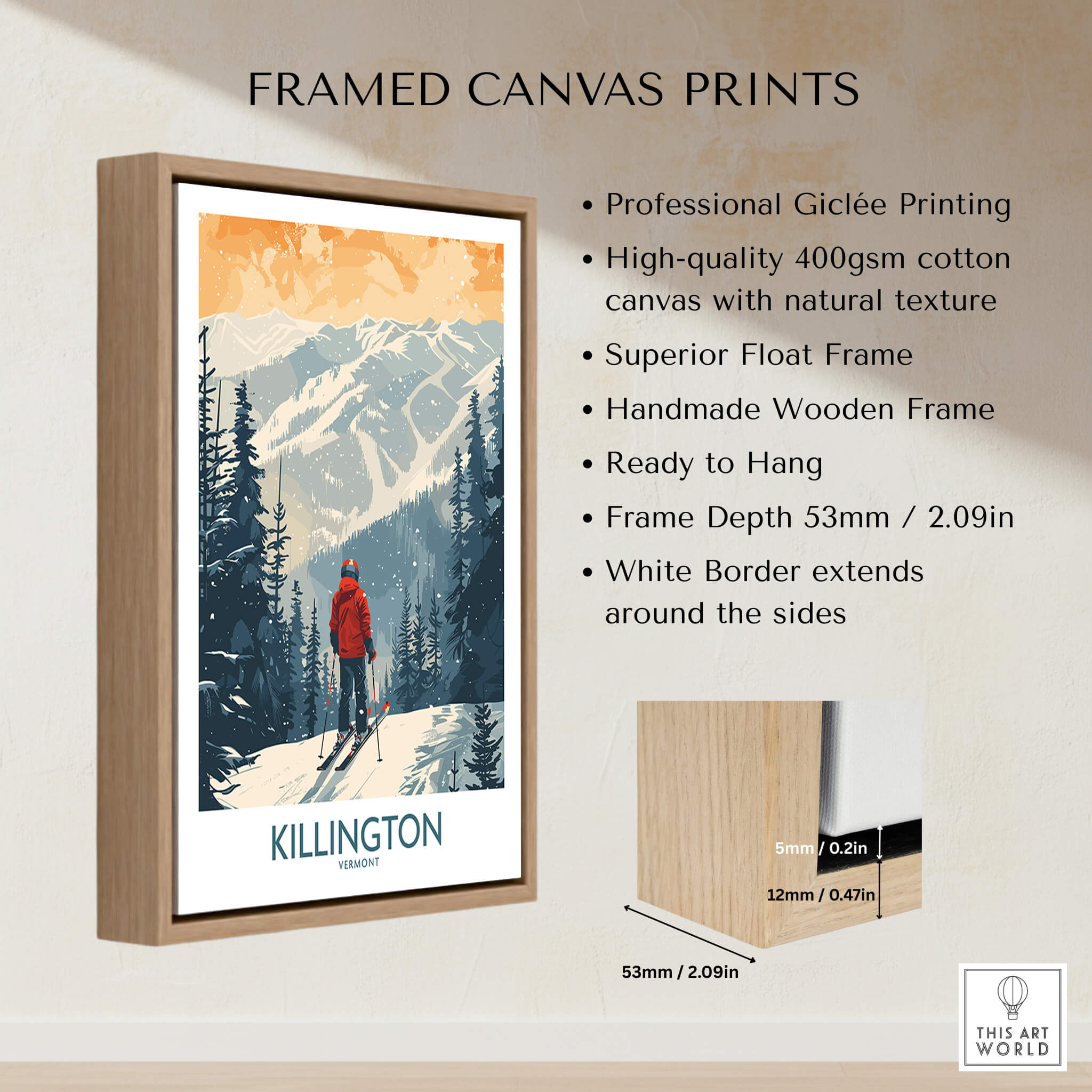 Killington Poster Vermont framed canvas print showcasing ski slopes and a winter landscape.