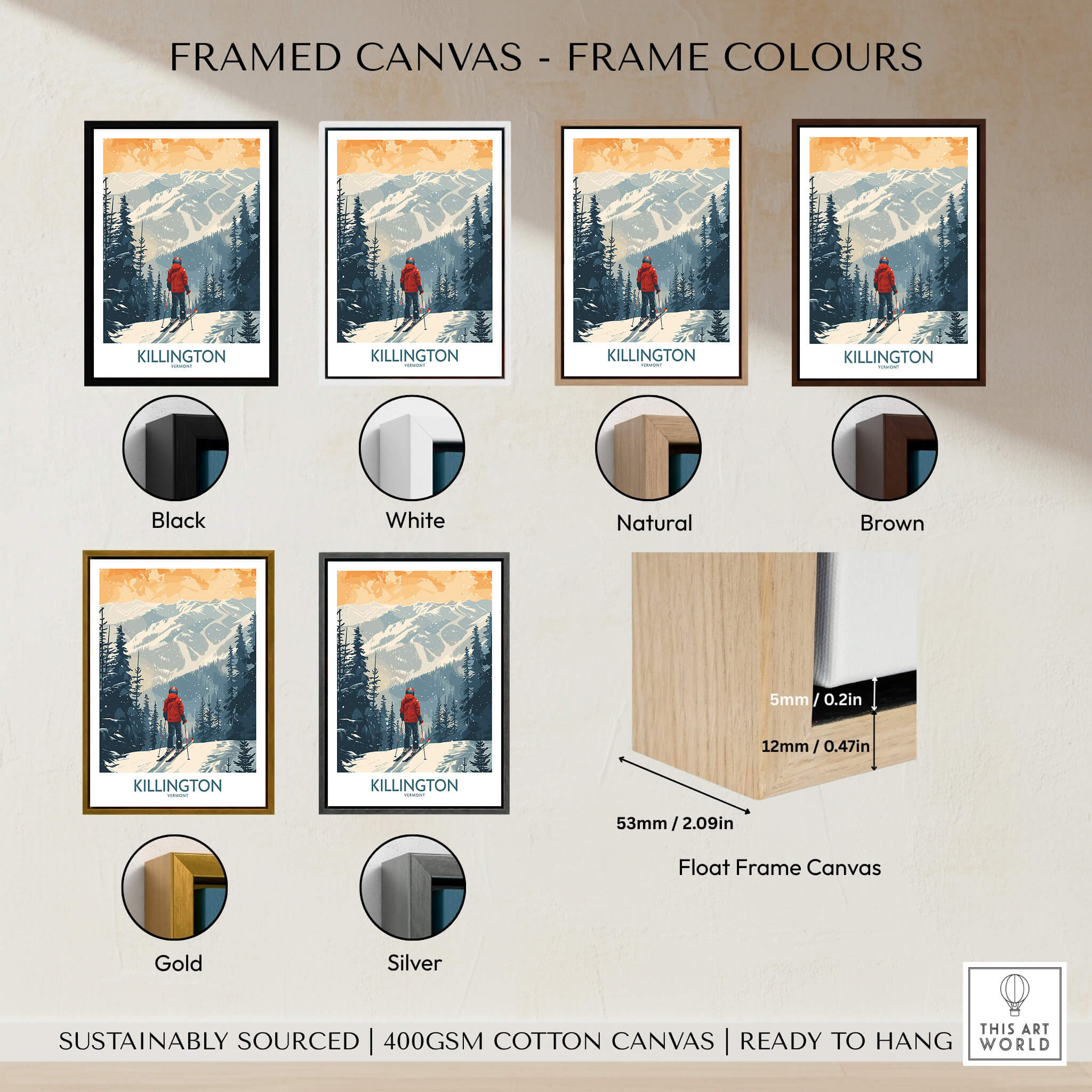 Killington Poster Vermont framed canvas options including black, white, natural, brown, gold, and silver frames.