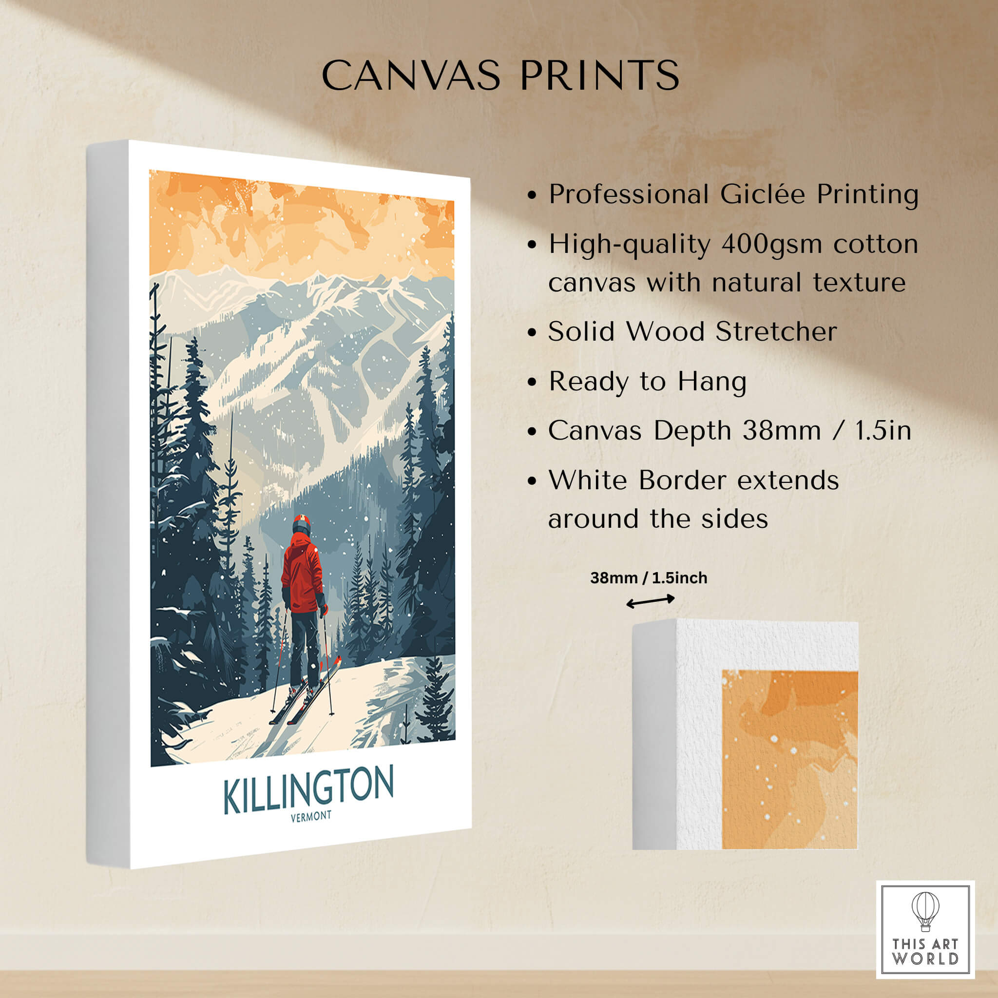 Killington Poster Vermont canvas print showcasing winter landscape and ski slopes, ready to hang decor.
