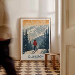 Killington Poster Vermont featuring a skier in a red jacket in a winter landscape with mountains and trees.