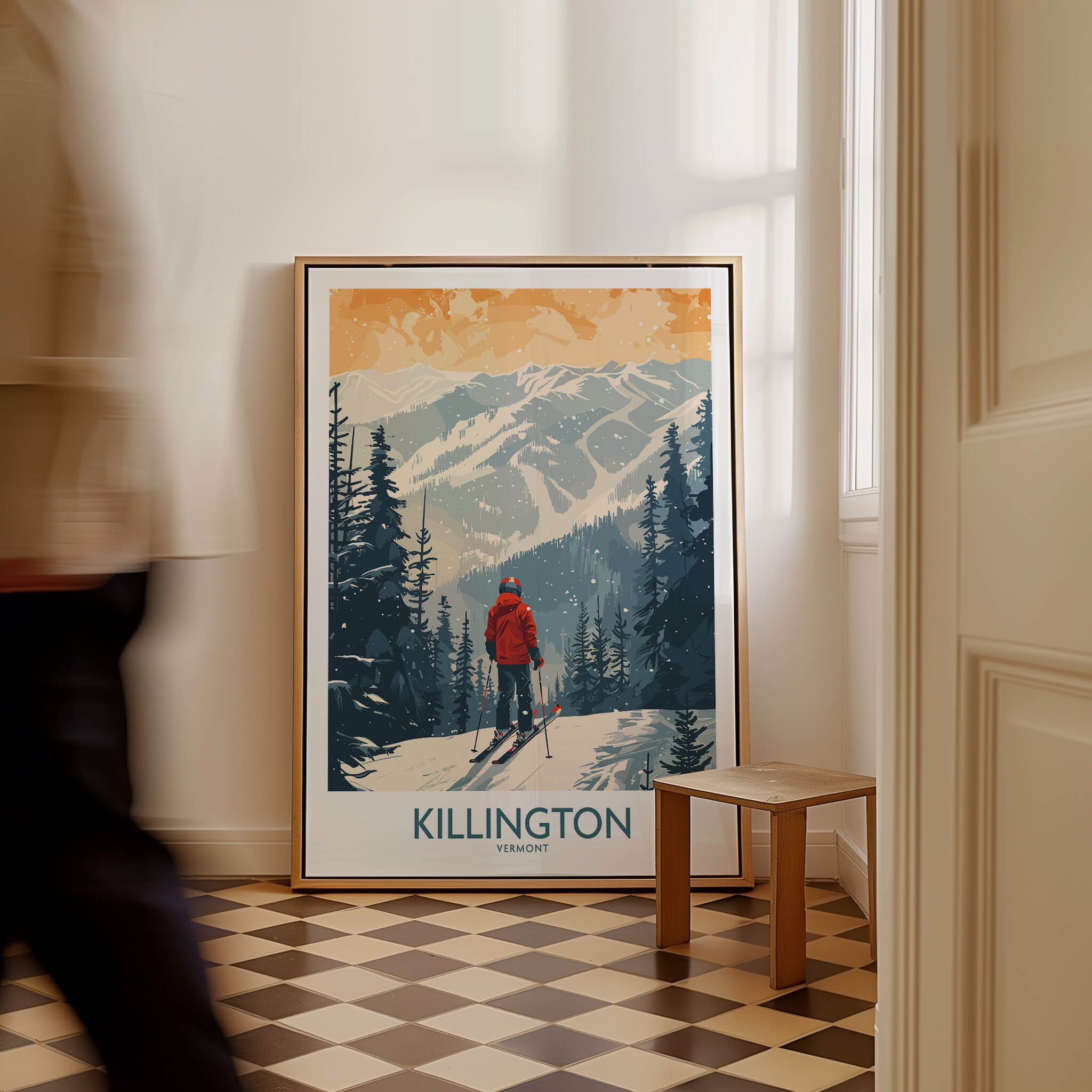 Killington Poster Vermont featuring a skier in a red jacket in a winter landscape with mountains and trees.