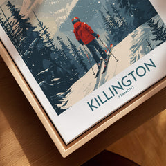 Killington Poster Vermont featuring a skier on snowy slopes in a wintery forest landscape.