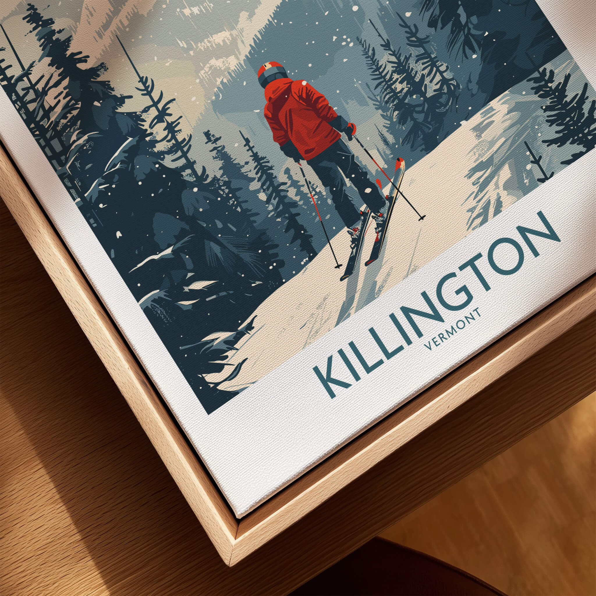 Killington Poster Vermont featuring a skier on snowy slopes in a wintery forest landscape.