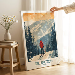 Killington Poster Vermont featuring a skier amidst stunning mountain scenery and winter landscapes.