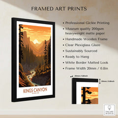 Framed Kings Canyon National Park art print with sunset landscape and listed print details.