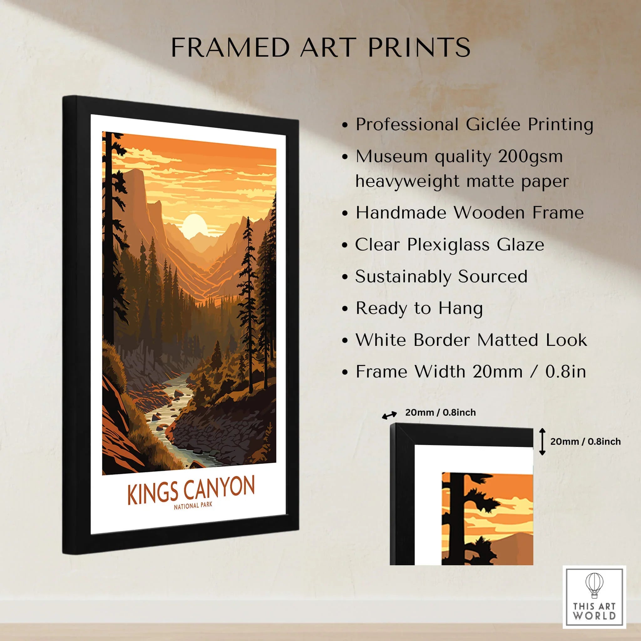 Framed Kings Canyon National Park art print with sunset landscape and listed print details.
