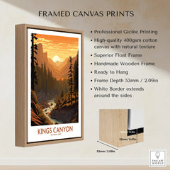 Framed Kings Canyon National Park travel poster with wooden float frame and sunrise landscape art