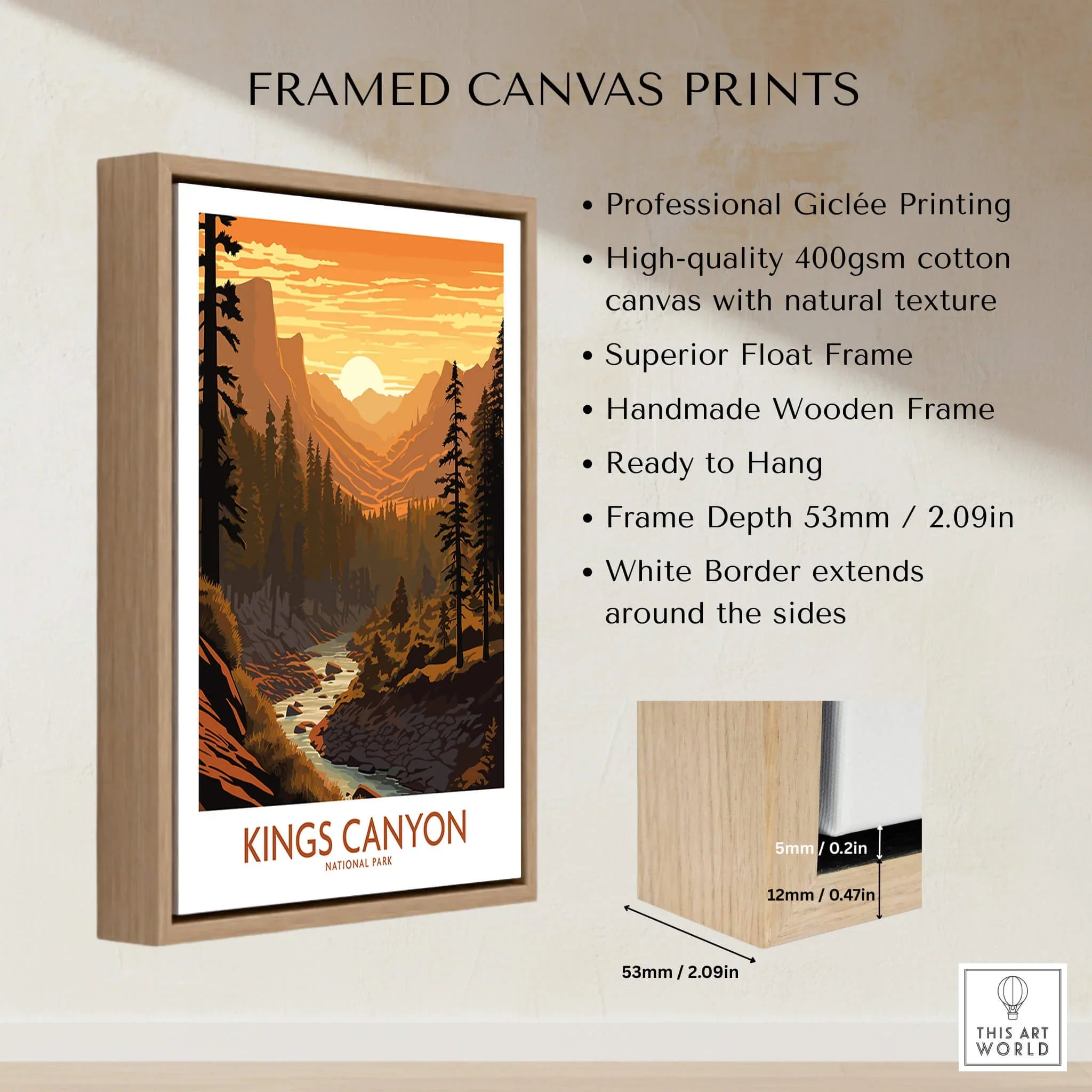 Framed Kings Canyon National Park travel poster with wooden float frame and sunrise landscape art