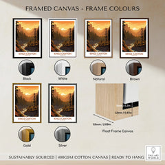 Kings Canyon travel poster wall art in various framed canvas color options, float frame detail shown.