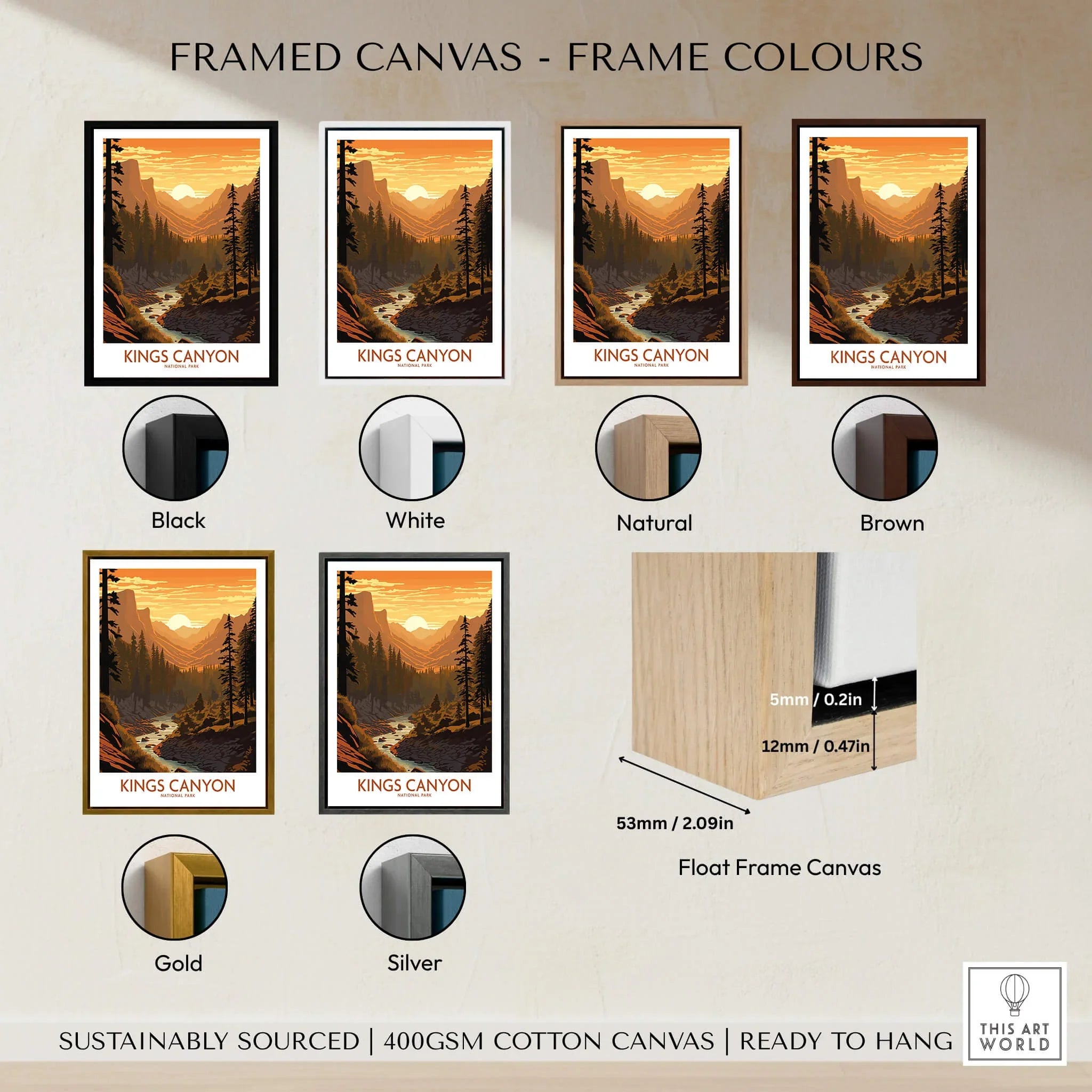 Kings Canyon travel poster wall art in various framed canvas color options, float frame detail shown.