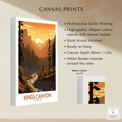 Kings Canyon National Park canvas print with sunset mountain landscape and pine trees.