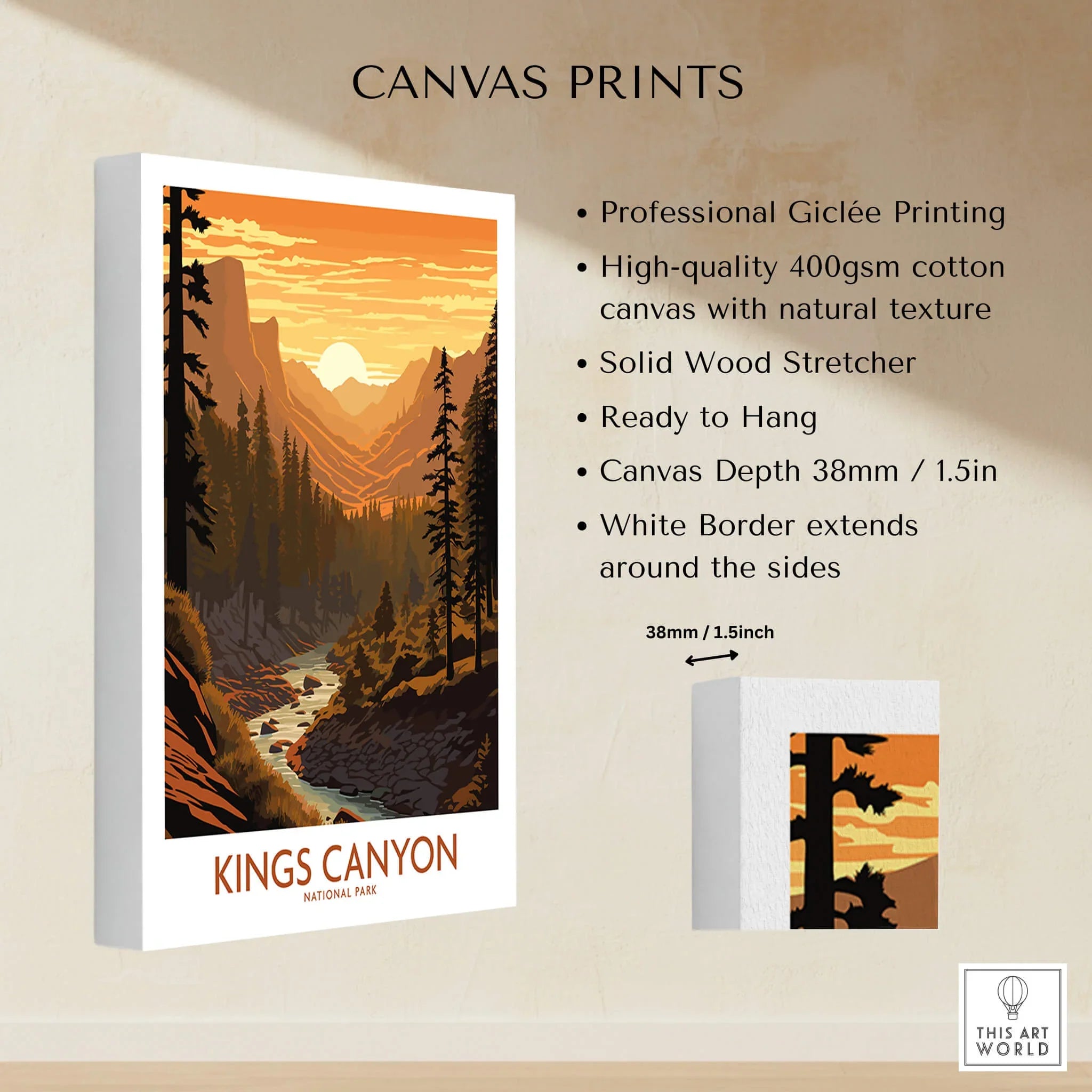 Kings Canyon National Park canvas print with sunset mountain landscape and pine trees.