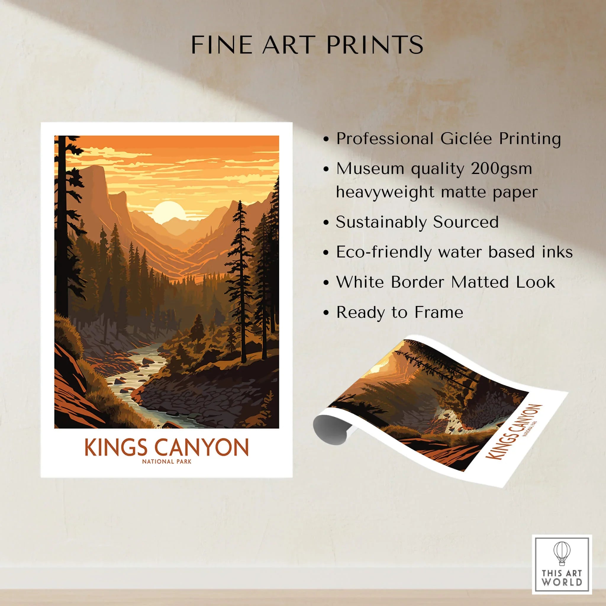Kings Canyon National Park fine art print with sunset, pine trees, and river, unframed quality details